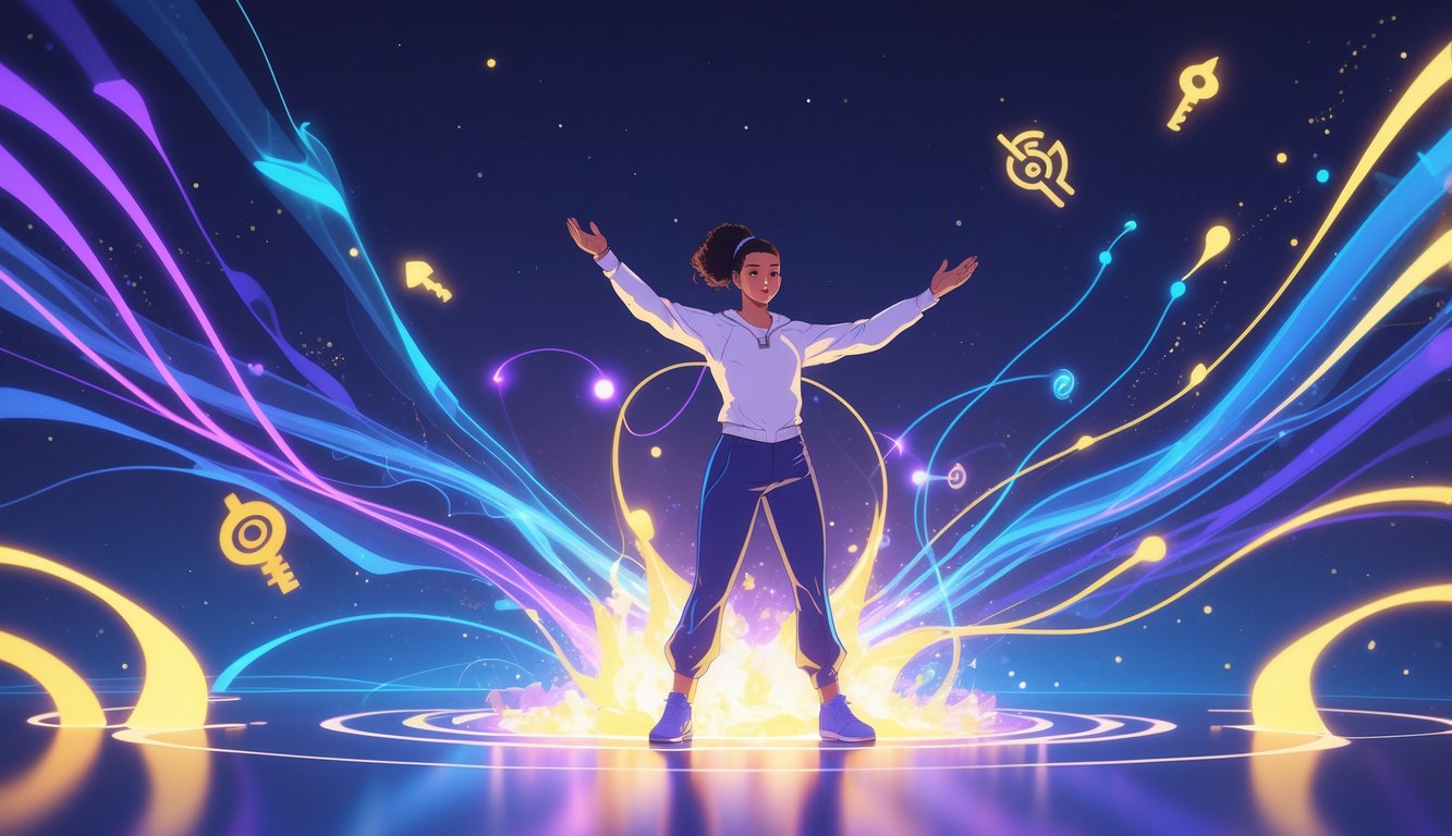 A person standing with arms raised, surrounded by glowing energy waves and abstract symbols representing unlocked hidden powers.