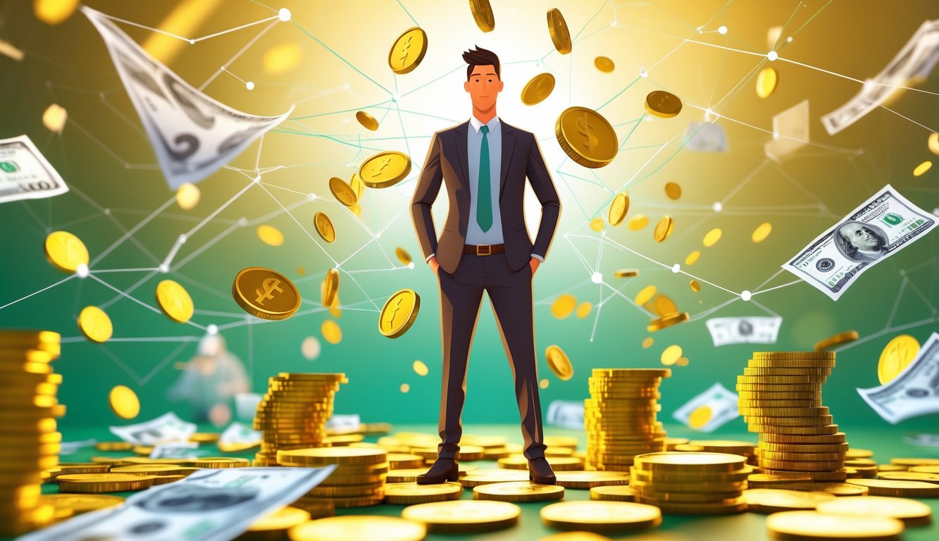 A confident businessperson surrounded by floating golden coins and banknotes with symbols of growth and success in the background.