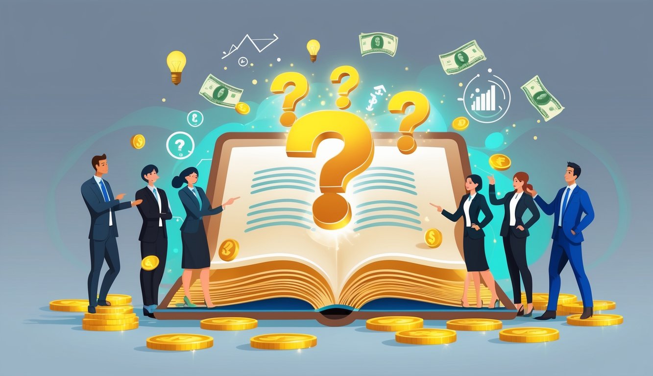 A group of professionals engaging with a glowing book showing question marks, surrounded by floating coins and bills symbolizing money and opportunities.