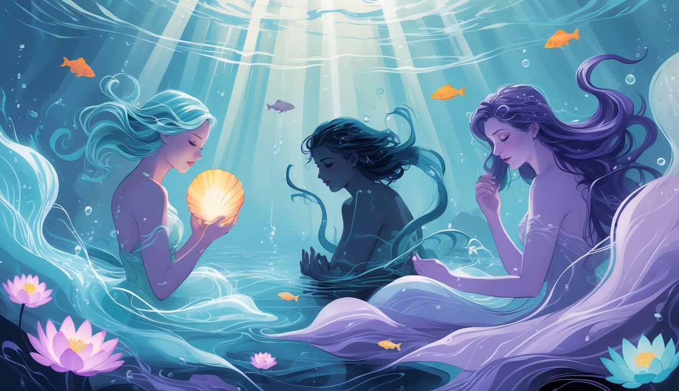 Three ethereal figures underwater representing water zodiac signs surrounded by flowing water, light rays, and aquatic elements like fish and water lilies.
