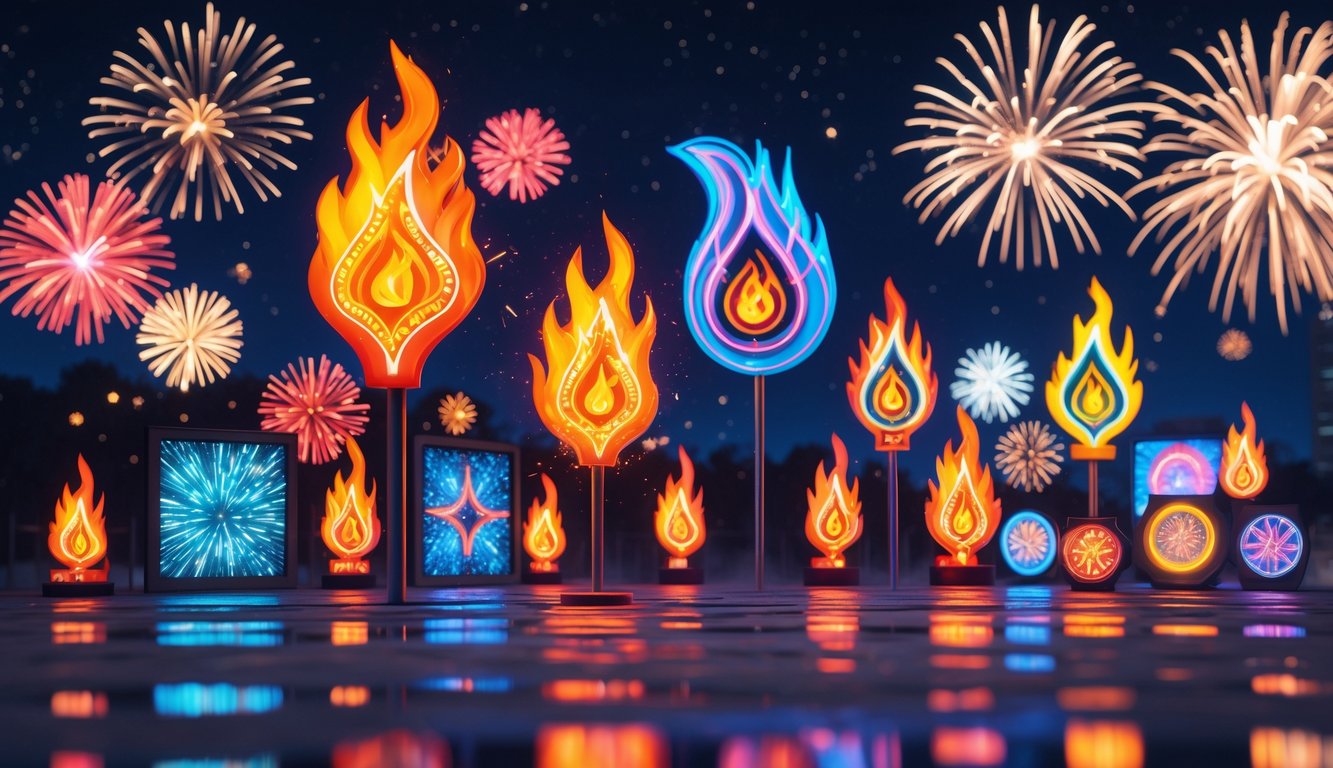 A nighttime scene featuring glowing fire signs and colorful fireworks bursting in the sky.