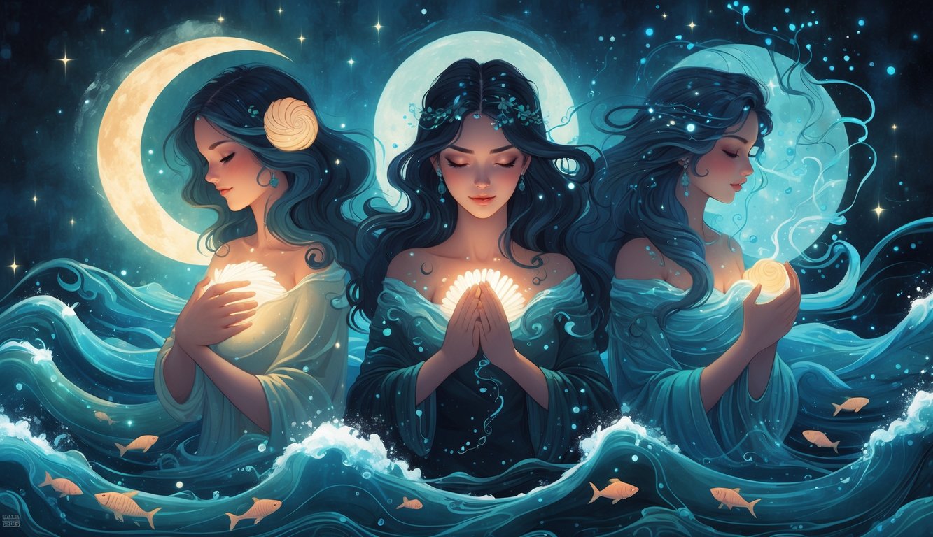 Three figures surrounded by water elements representing the emotional sensitivity of Cancer, Scorpio, and Pisces, with waves, glowing shells, swirling waters, and fish in a calm, watery environment.