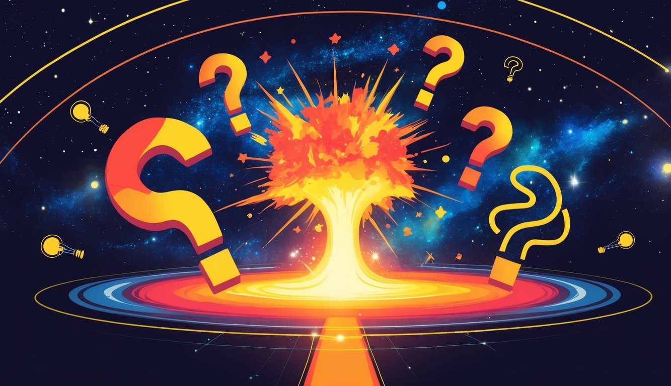 A cosmic scene showing a bright explosion representing the Big Bang surrounded by symbols of the fire zodiac signs Aries, Leo, and Sagittarius with floating question marks and lightbulbs.