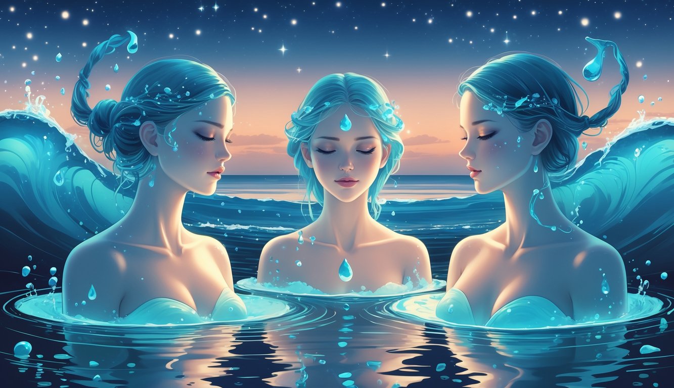 Three figures surrounded by flowing water and gentle waves under a twilight sky, symbolizing emotional sensitivity and deep feelings.