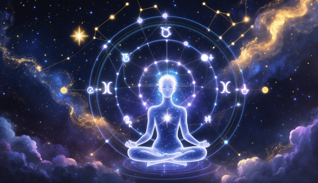 A person meditating surrounded by glowing zodiac symbols and interconnected constellations in a starry night sky.