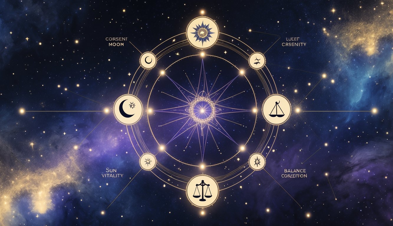 A starry night sky showing interconnected constellations with glowing lines and symbolic icons representing their meanings, set against a cosmic nebula background.