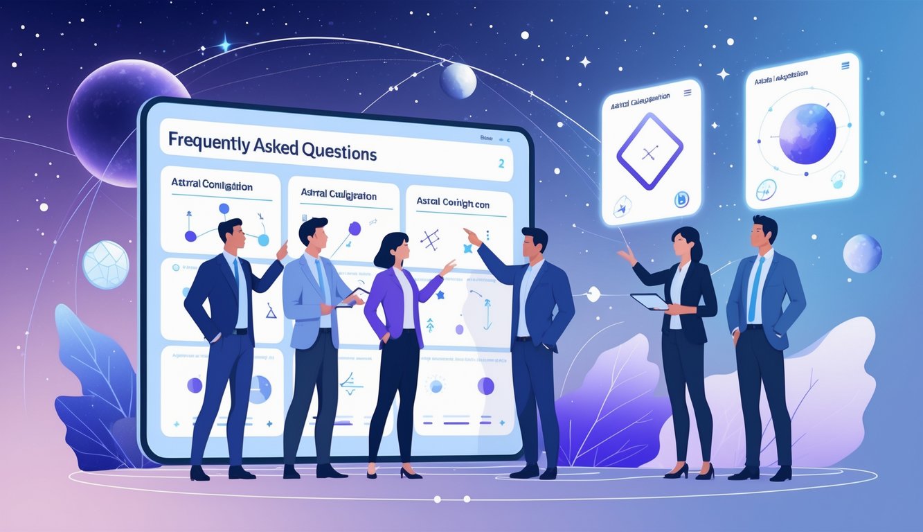 A group of professionals interacting with floating holographic panels showing stars and constellations against a starry background.