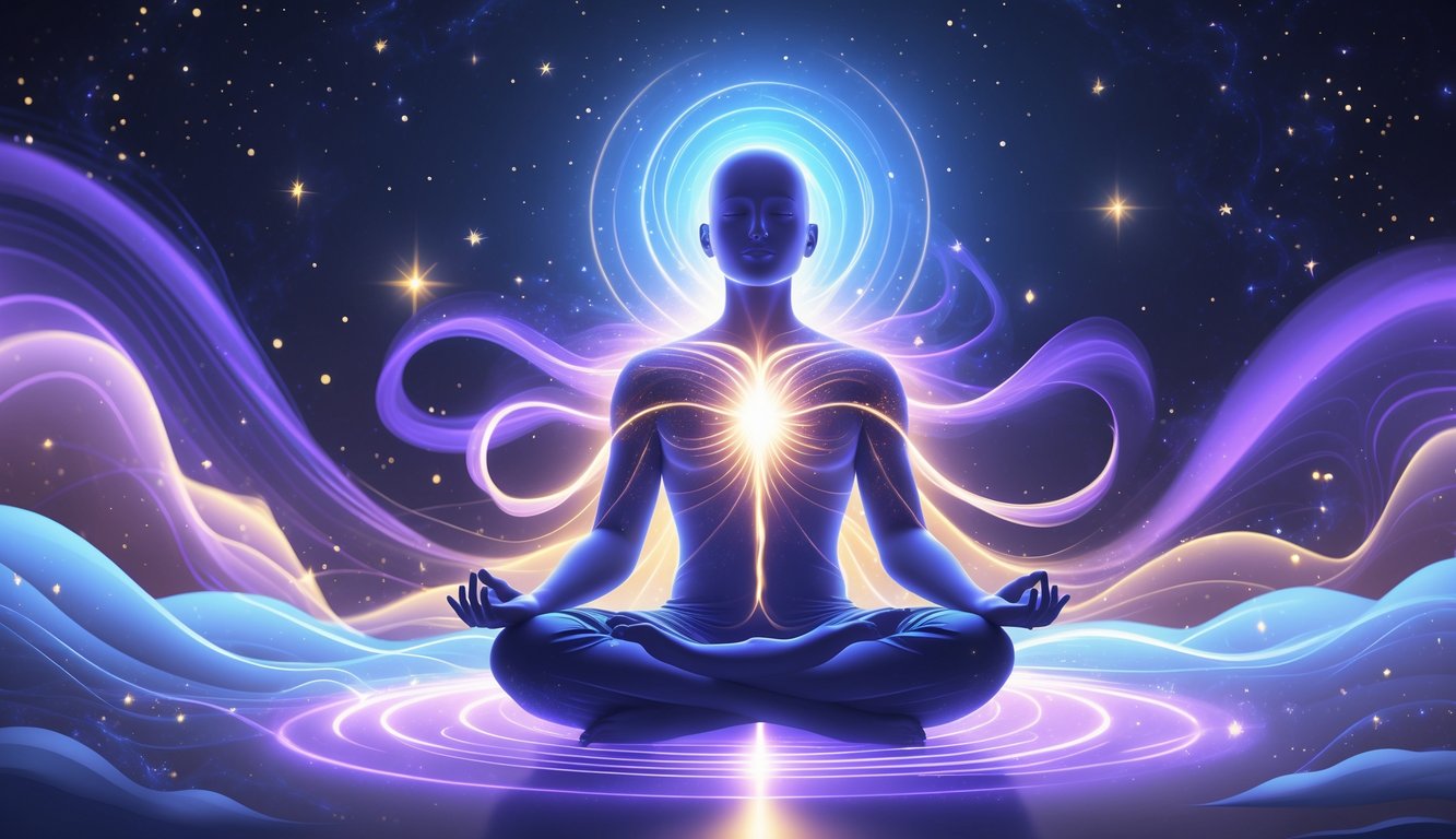A person sitting cross-legged with eyes closed, surrounded by glowing waves of energy and light streams radiating from their hands and heart, set against a background of stars and soft cosmic patterns.