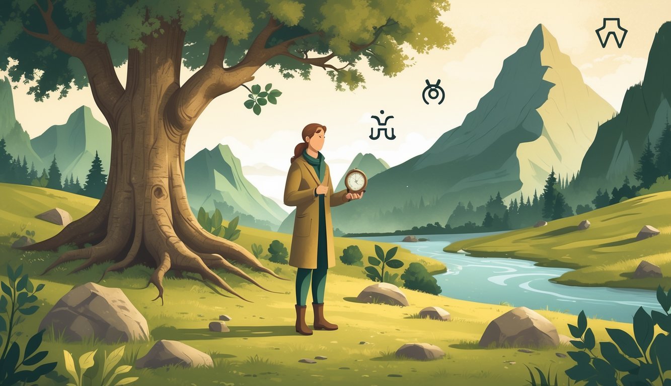 A person stands confidently in a natural landscape with a large oak tree, mountains, and a calm river, holding a compass and a plant, surrounded by subtle zodiac symbols.