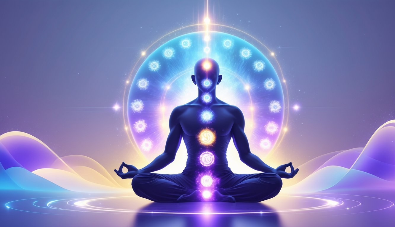 A person sitting cross-legged with glowing energy centers along their body, surrounded by flowing colorful energy fields.