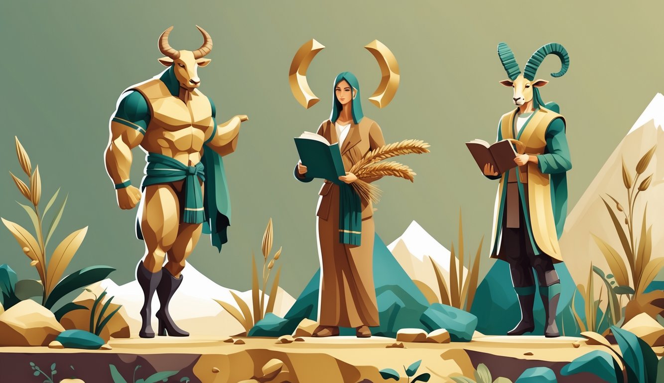 Three figures representing Taurus, Virgo, and Capricorn stand together surrounded by natural elements like stones, plants, and mountains, symbolizing stability and practicality.