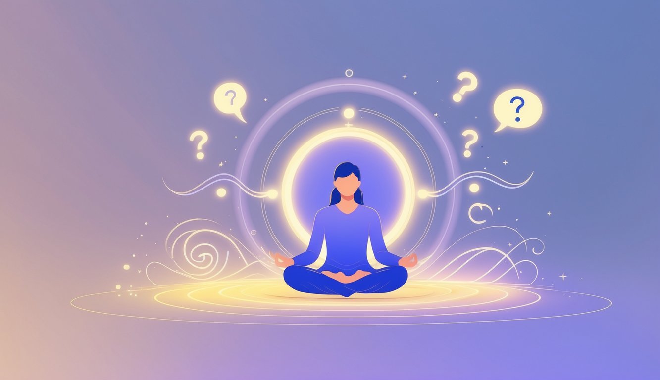A person meditating surrounded by glowing orbs and abstract energy symbols, with floating question marks representing curiosity about universal energy healing.