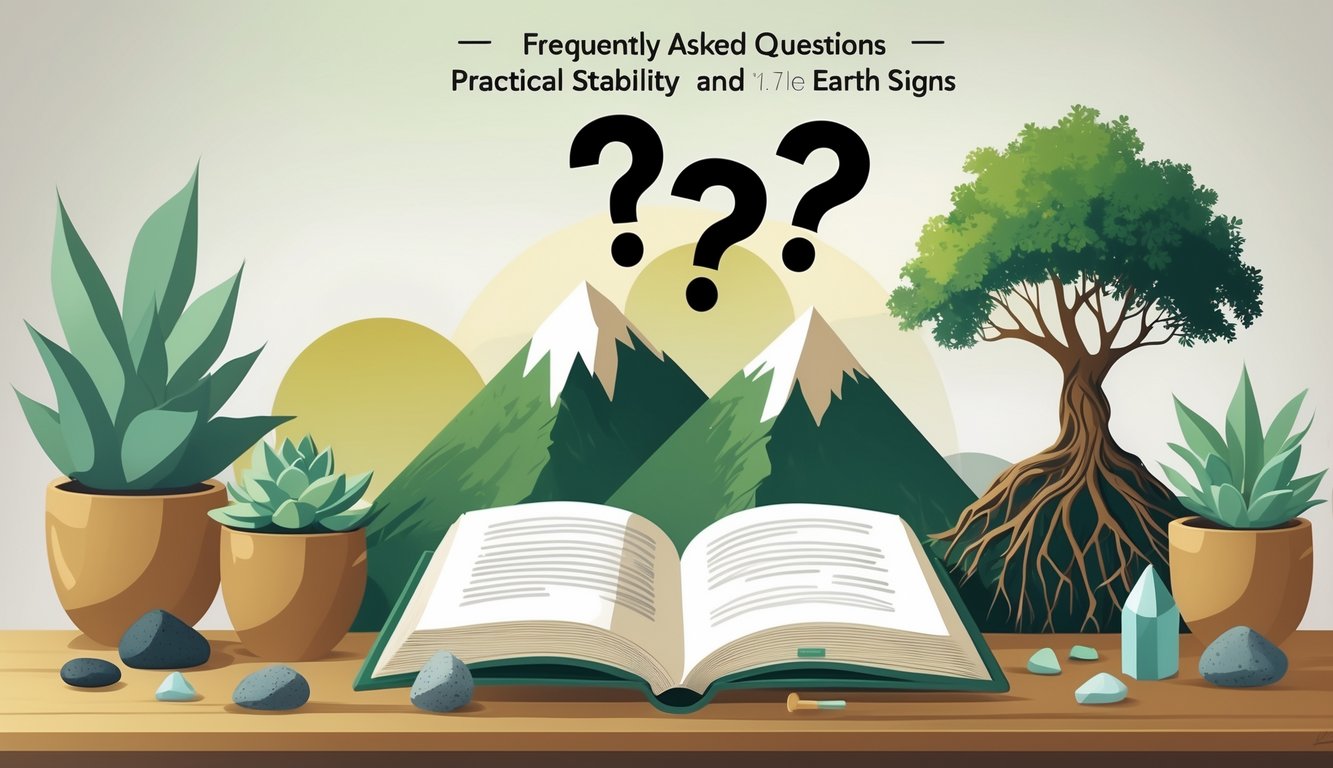 A workspace with a wooden desk, an open book with floating question marks, and symbols of earth signs including a mountain, a tree, and a gemstone.