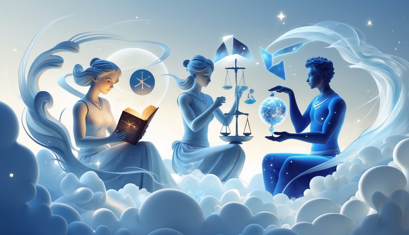 Three symbolic figures representing air signs engaged in thoughtful activities with swirling air currents and floating geometric shapes around them.
