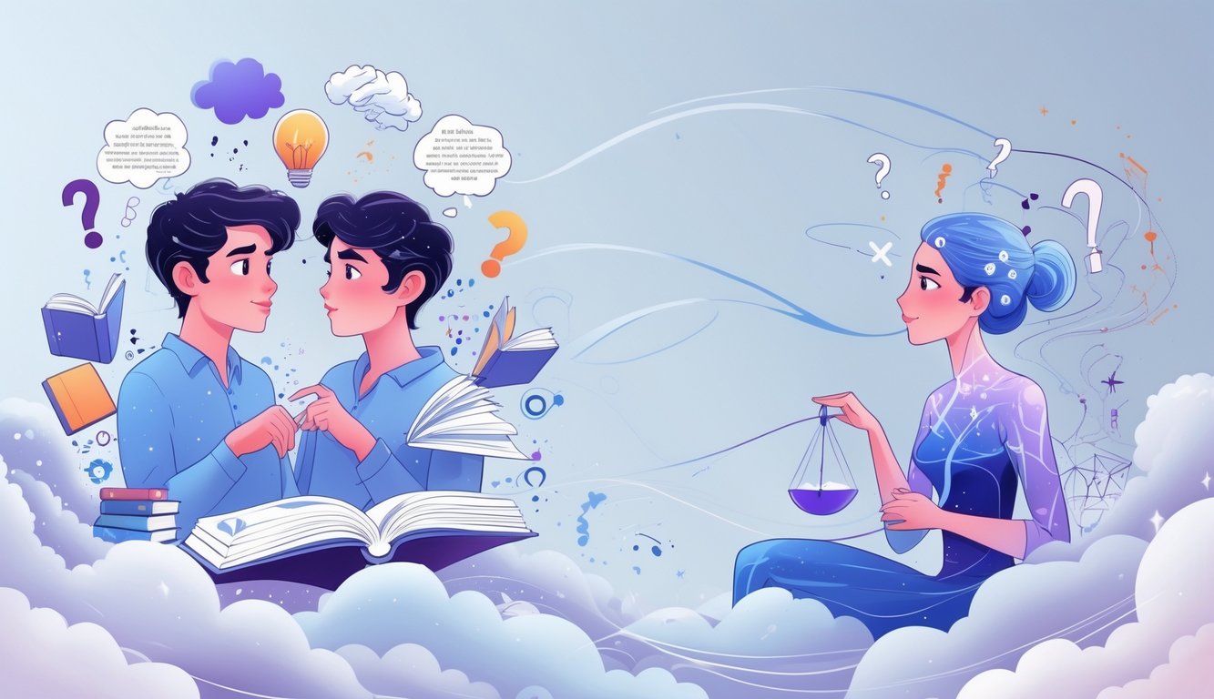 Three figures representing Gemini, Libra, and Aquarius surrounded by symbols of intellectual curiosity and air elements like clouds and wind.