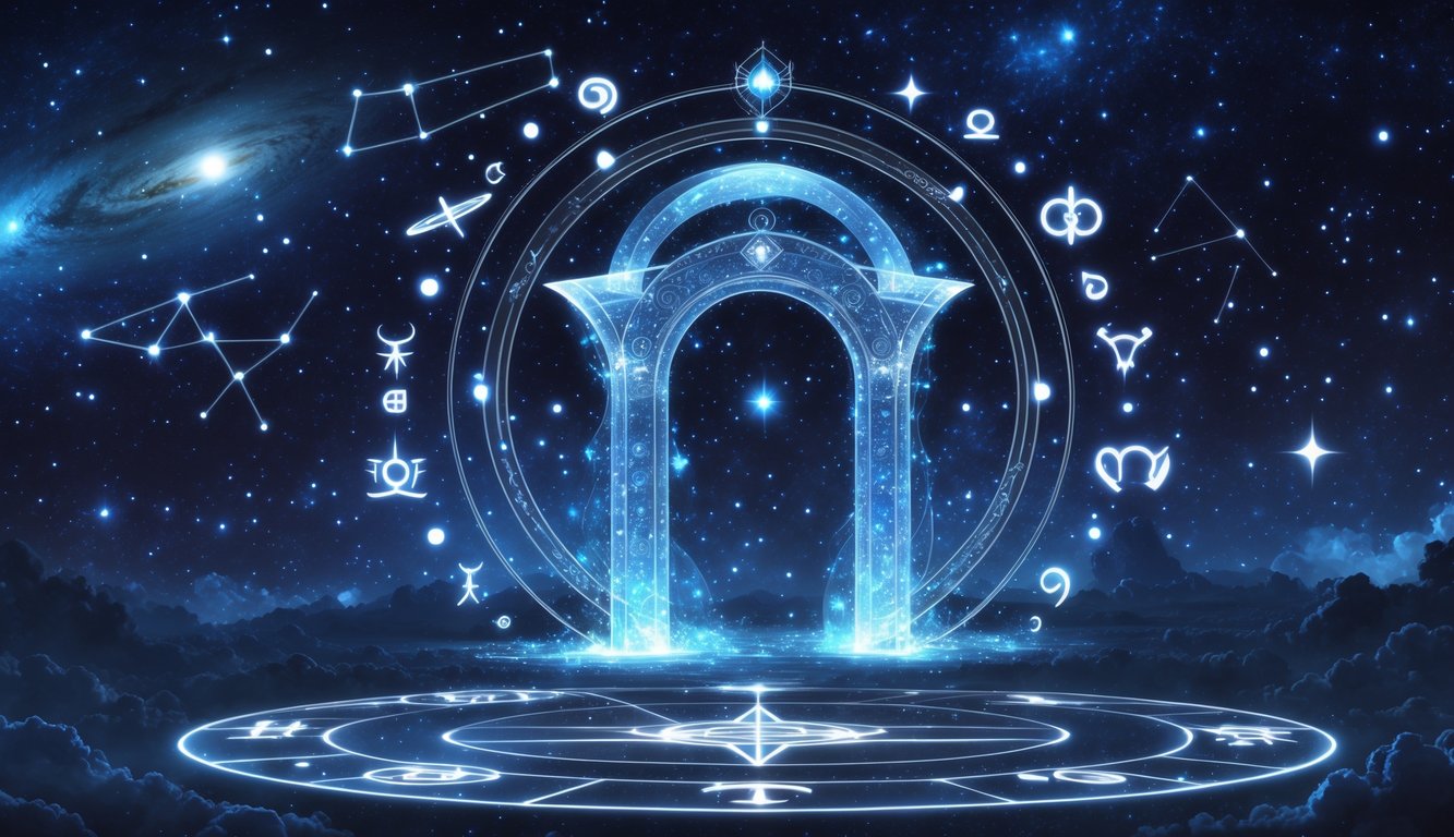 A cosmic scene showing a glowing gateway surrounded by stars, planets, and astrological symbols in space.