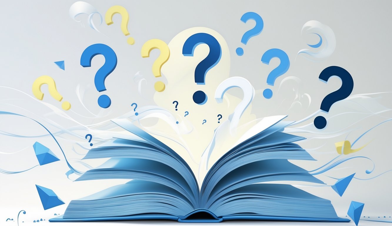 An open book with floating question marks surrounded by symbols representing the air zodiac signs Gemini, Libra, and Aquarius, with gentle wind-like wisps flowing around.
