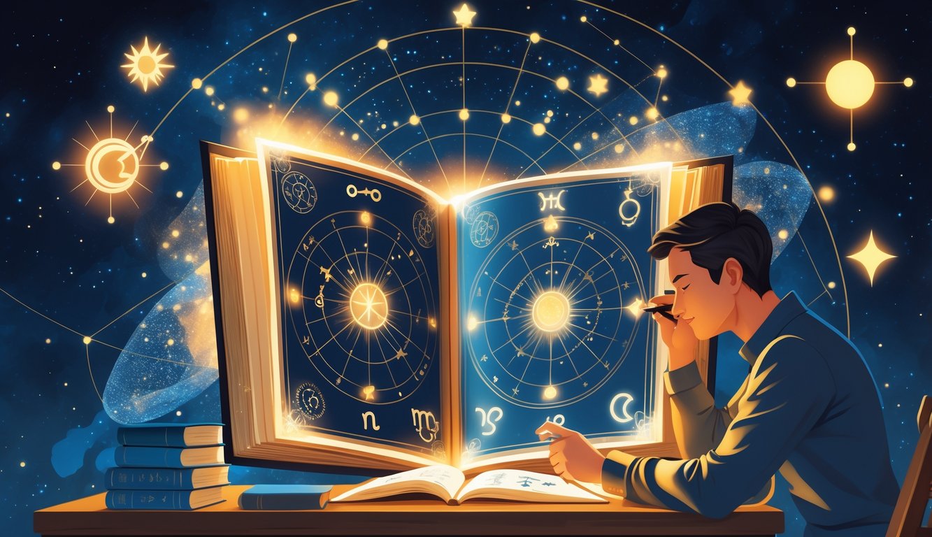 A person studying an open book filled with astrological charts and zodiac symbols surrounded by stars and planets at a desk.