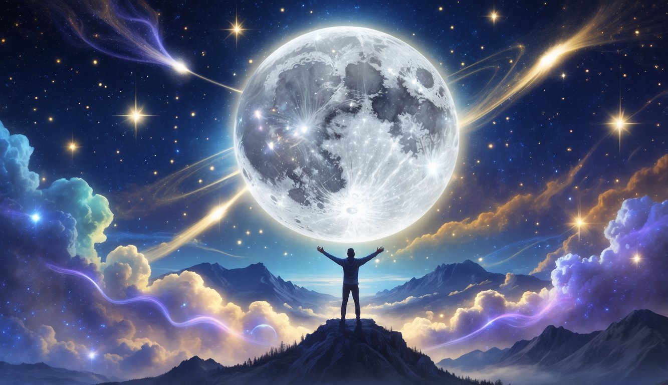 A person standing on a mountain peak at night with arms raised toward a glowing full moon and vibrant stars in the sky, surrounded by cosmic light and energy.