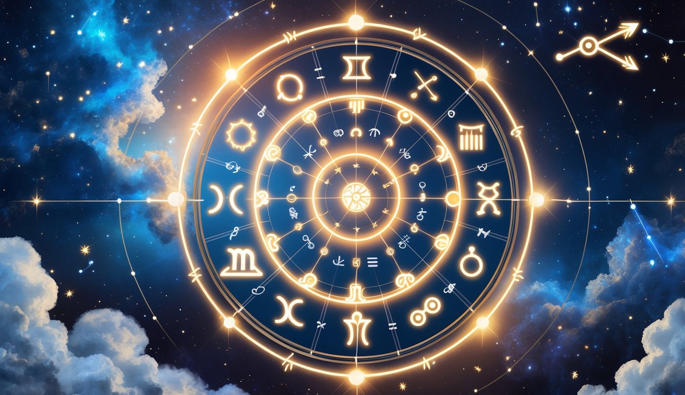 A glowing astrological chart surrounded by icons of personal and professional growth against a cosmic background of stars and constellations.