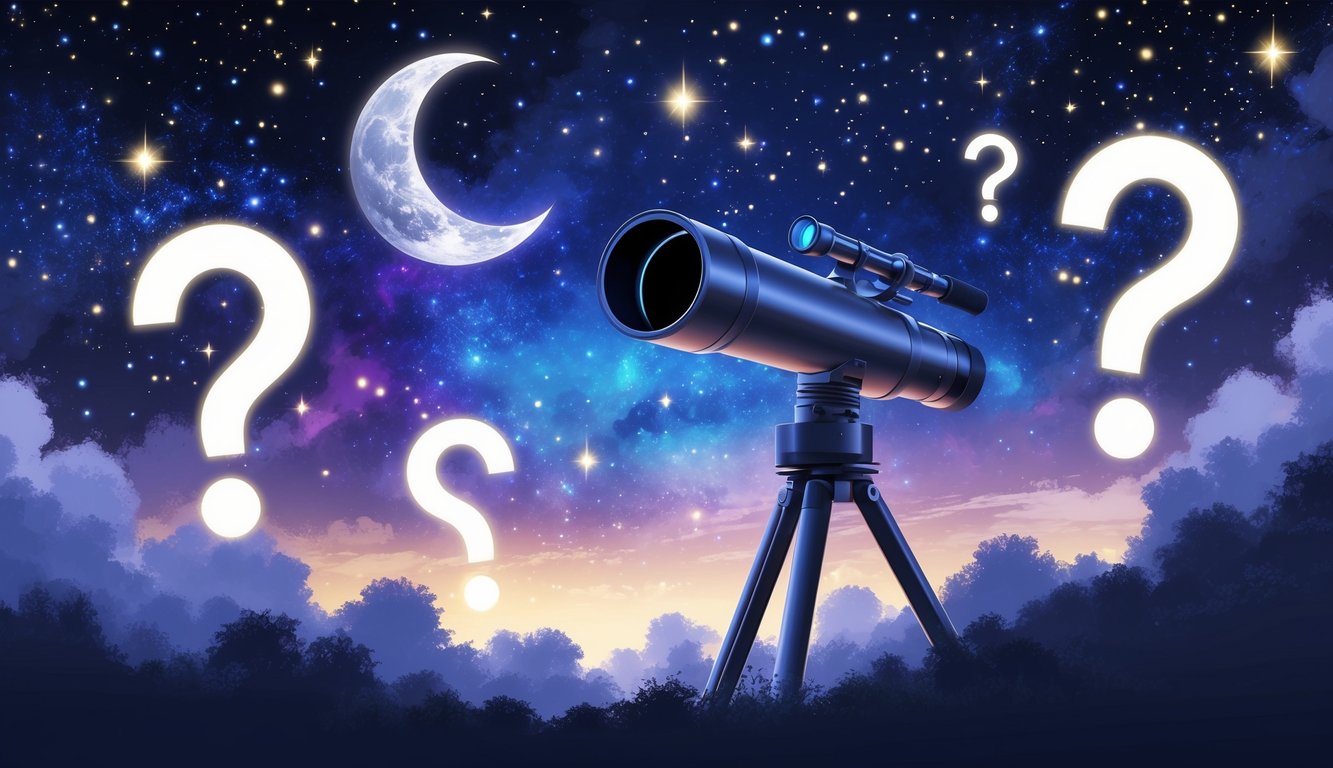 A telescope pointing at a starry night sky with glowing stars, a crescent moon, and floating question marks made of stardust.