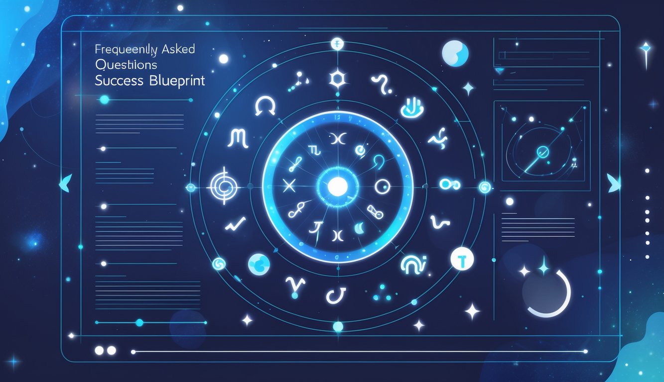 An open blueprint with an astrological chart surrounded by interconnected lines and celestial symbols, representing a network of questions and answers about success.