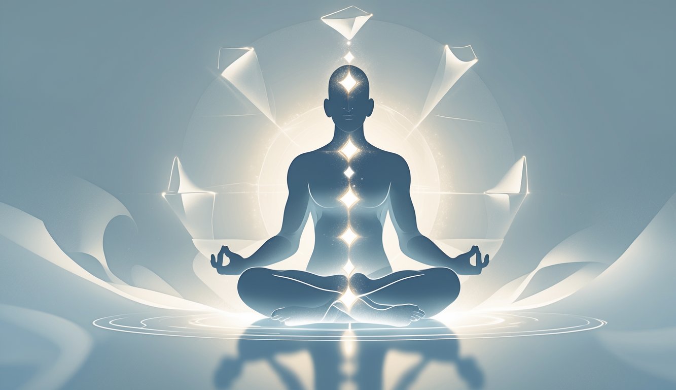 A person meditating with glowing shapes around them that are dissolving, representing the clearing of energy blocks.