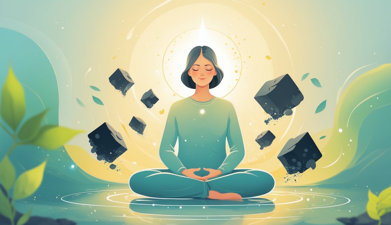 A person meditating with glowing energy waves flowing around them as dark energy blocks dissolve and fade away.