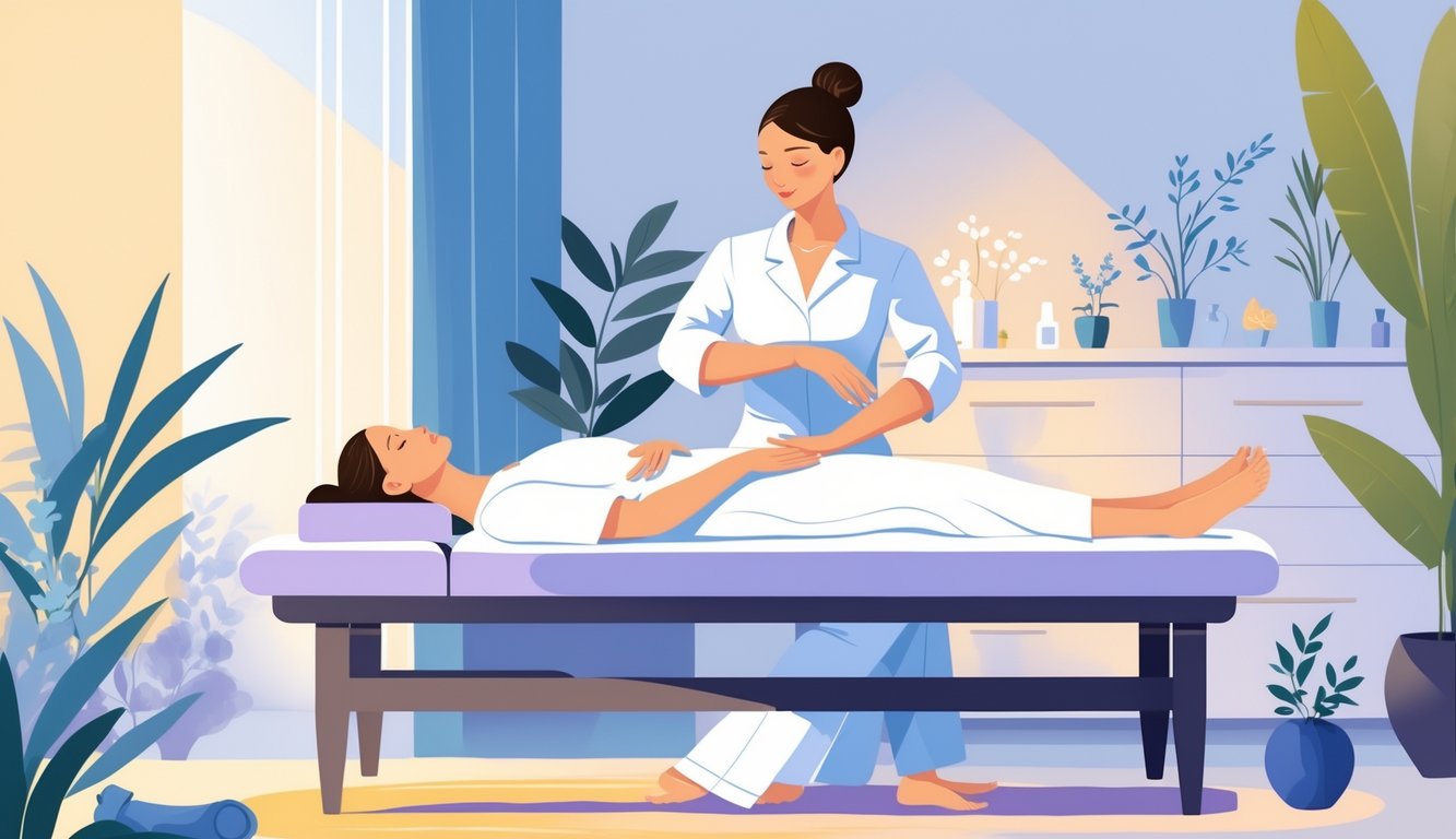 A massage therapist giving a client a targeted massage in a peaceful spa room.