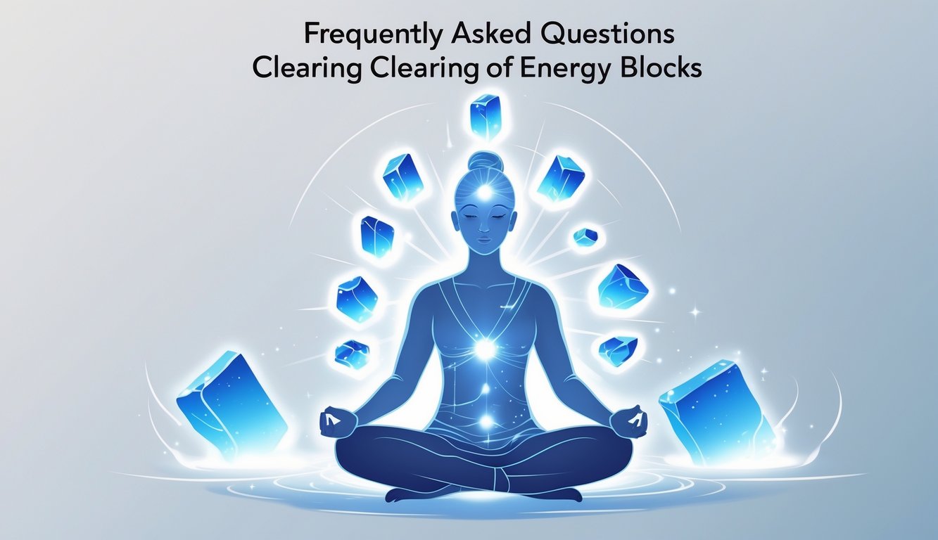 A person sitting cross-legged surrounded by glowing energy blocks that are dissolving, symbolizing the clearing of energy obstacles.