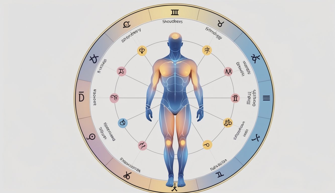 A human figure with different body parts highlighted in a circle around it, each connected to a zodiac sign symbol arranged in a wheel.
