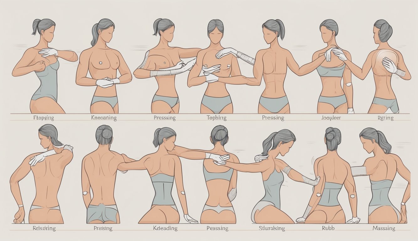 Illustration showing different hand gestures and body positions demonstrating various massage techniques on different body parts.