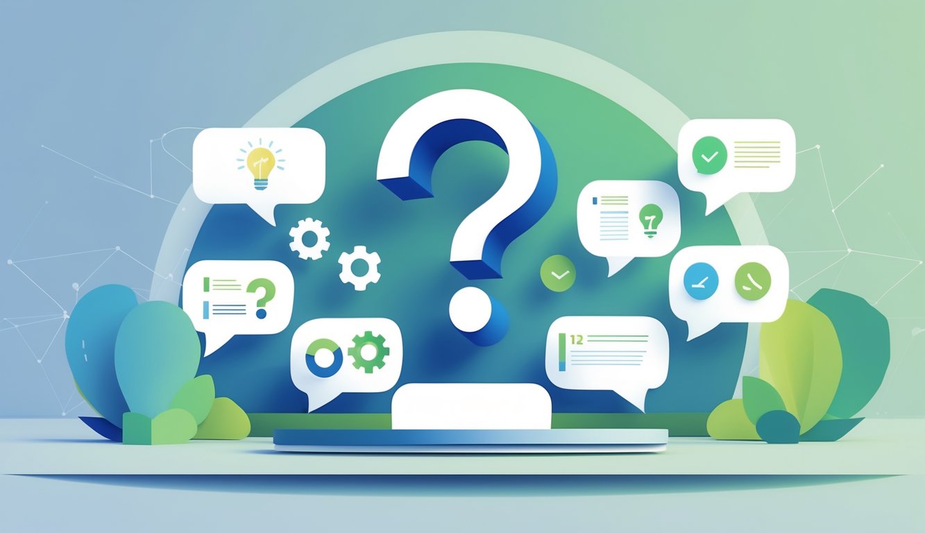 An illustration showing a large question mark surrounded by various speech bubbles containing simple icons representing different topics.
