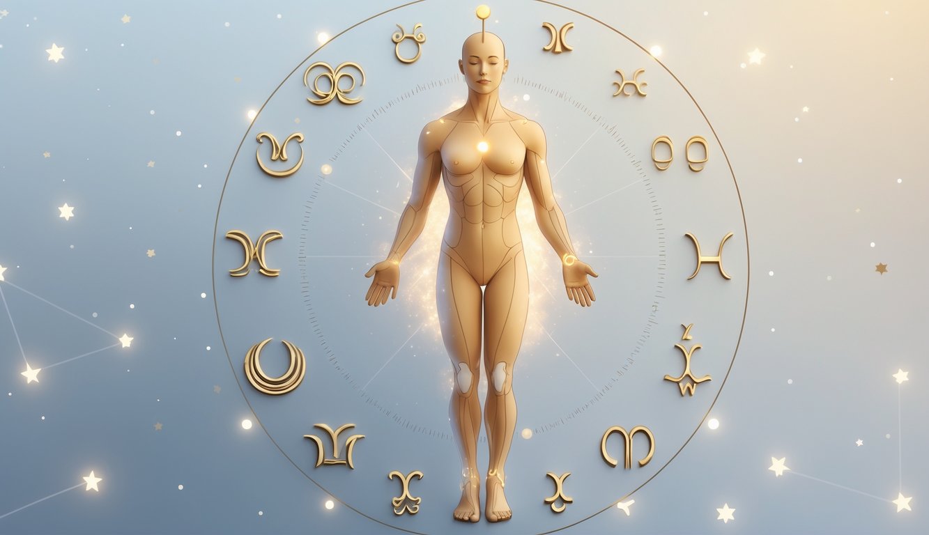 A human figure with zodiac symbols around it, each symbol connected to a specific body part associated with that zodiac sign.