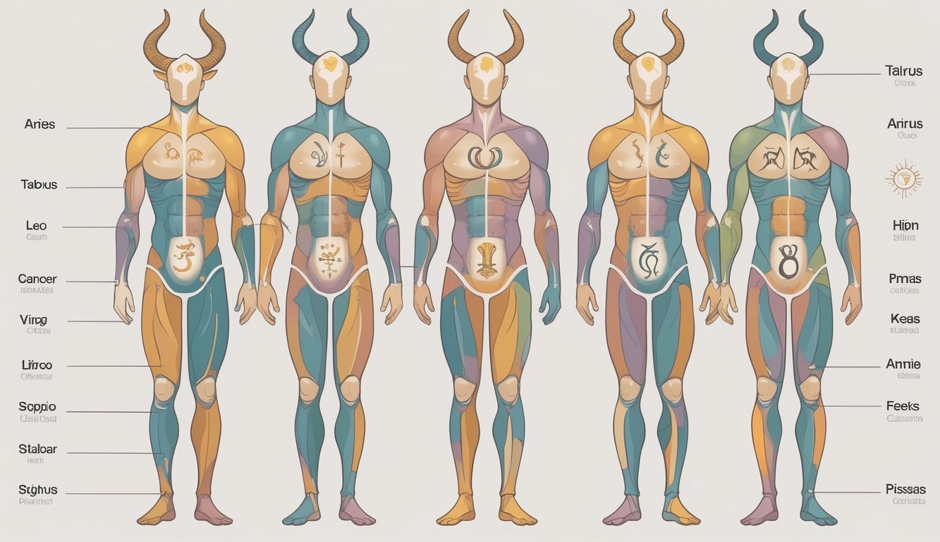 A human figure with different body parts highlighted to represent the twelve zodiac signs, each area decorated with subtle zodiac symbols.