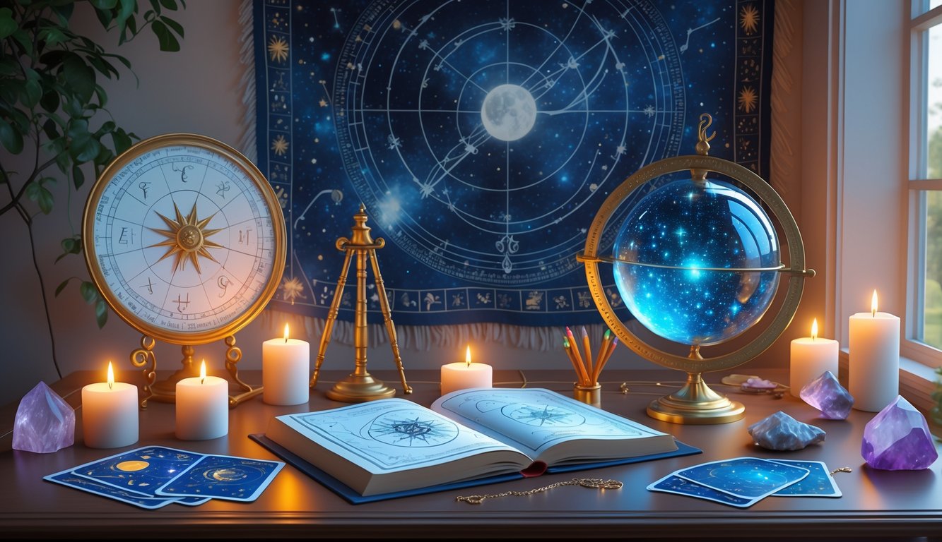 A workspace with astrological tools like an open star chart book, a brass astrolabe, a glowing crystal ball, lit candles, healing crystals, and tarot cards, set against a backdrop of a celestial tapestry with constellations.