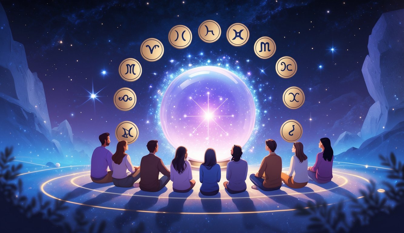 A glowing crystal ball surrounded by zodiac symbols with people gathered around under a starry night sky.