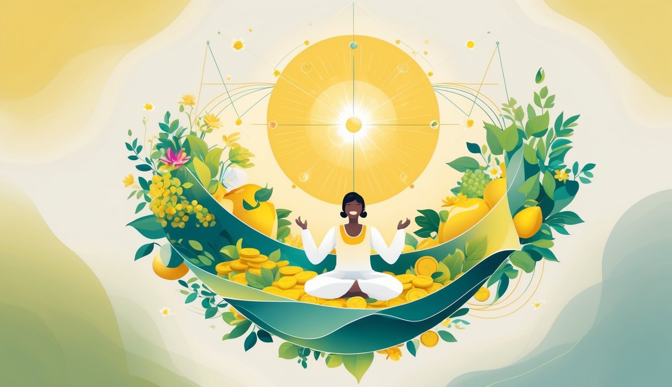 A glowing central core surrounded by a joyful person, abundant natural elements, and smooth geometric shapes, representing happiness, abundance, and alignment.