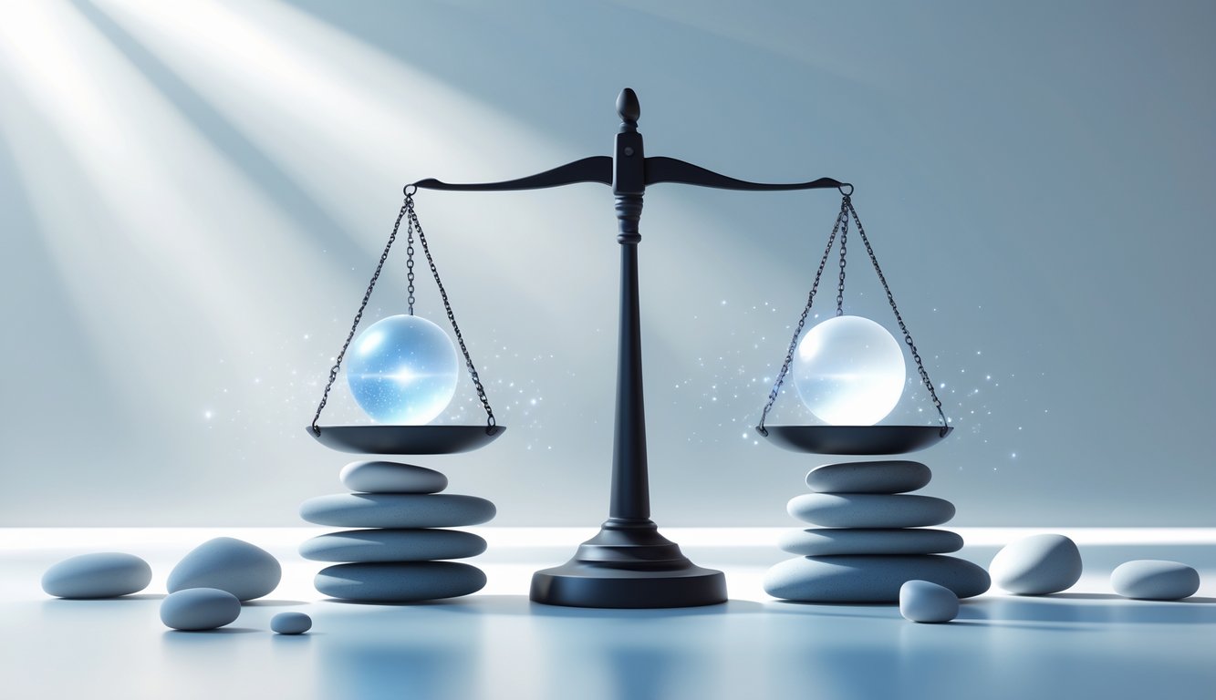 A balanced scale with glowing orbs on one side and smooth stones on the other, set against a calm blue and white background with soft light shining down.