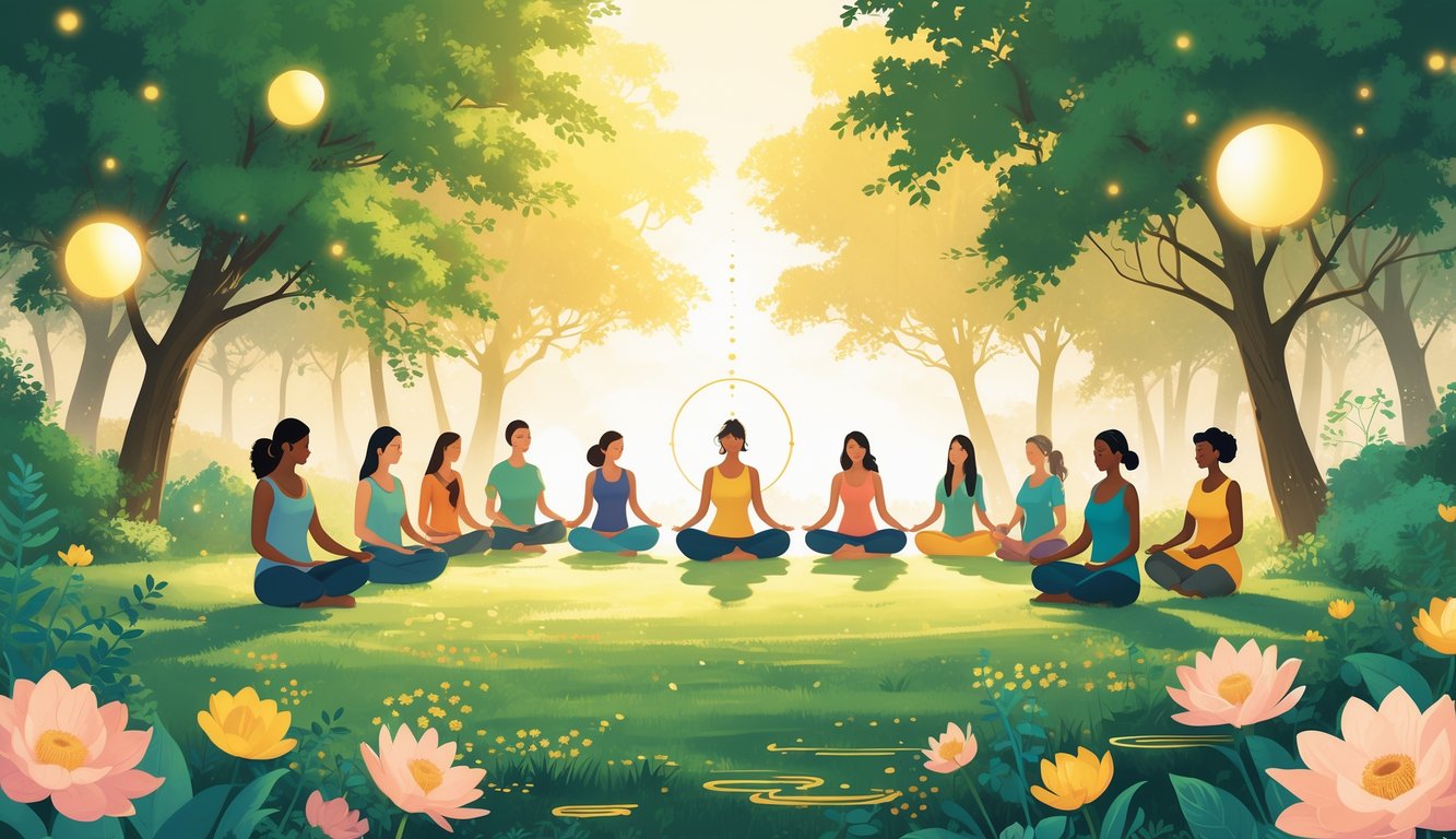 A group of people meditating and practicing yoga in a peaceful garden surrounded by blooming flowers and sunlight.