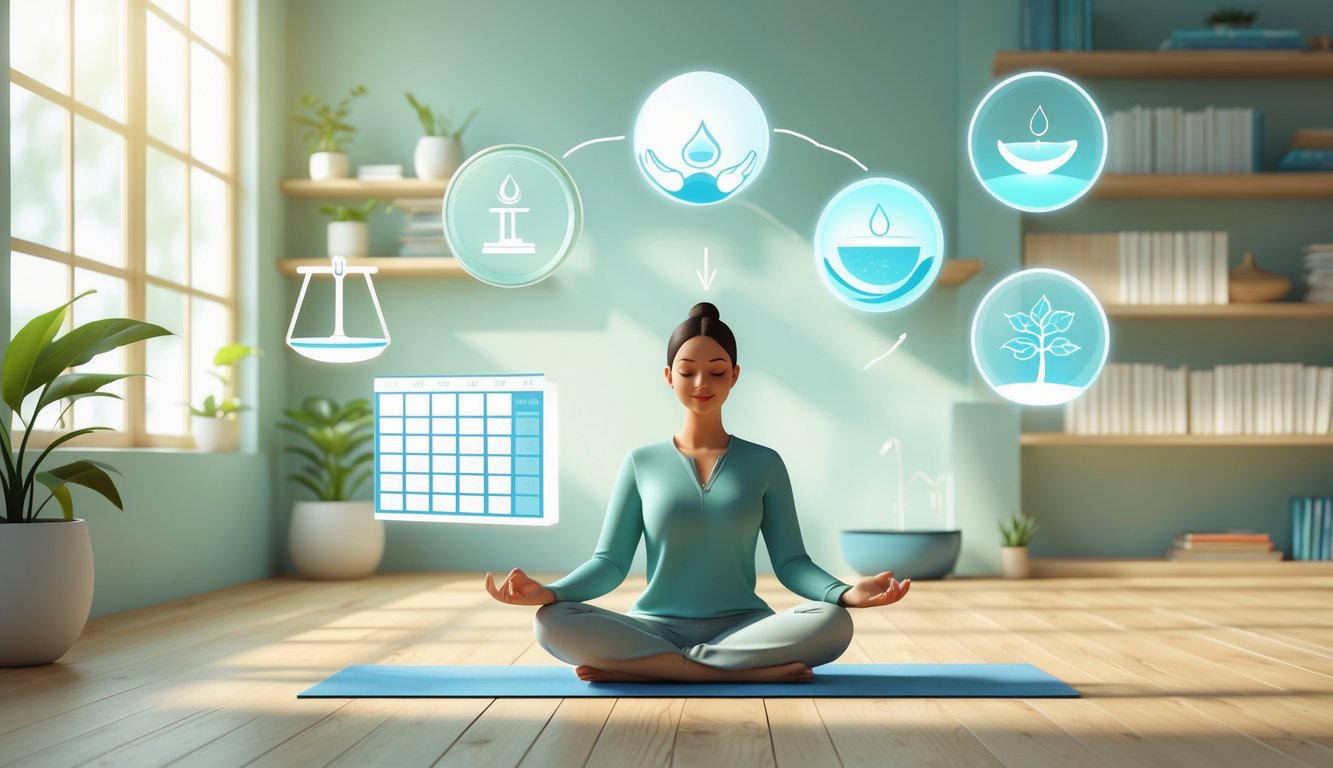 A person meditating peacefully in a calm room surrounded by symbols of balance and clarity like a scale, light bulb, calendar, water, and a plant.