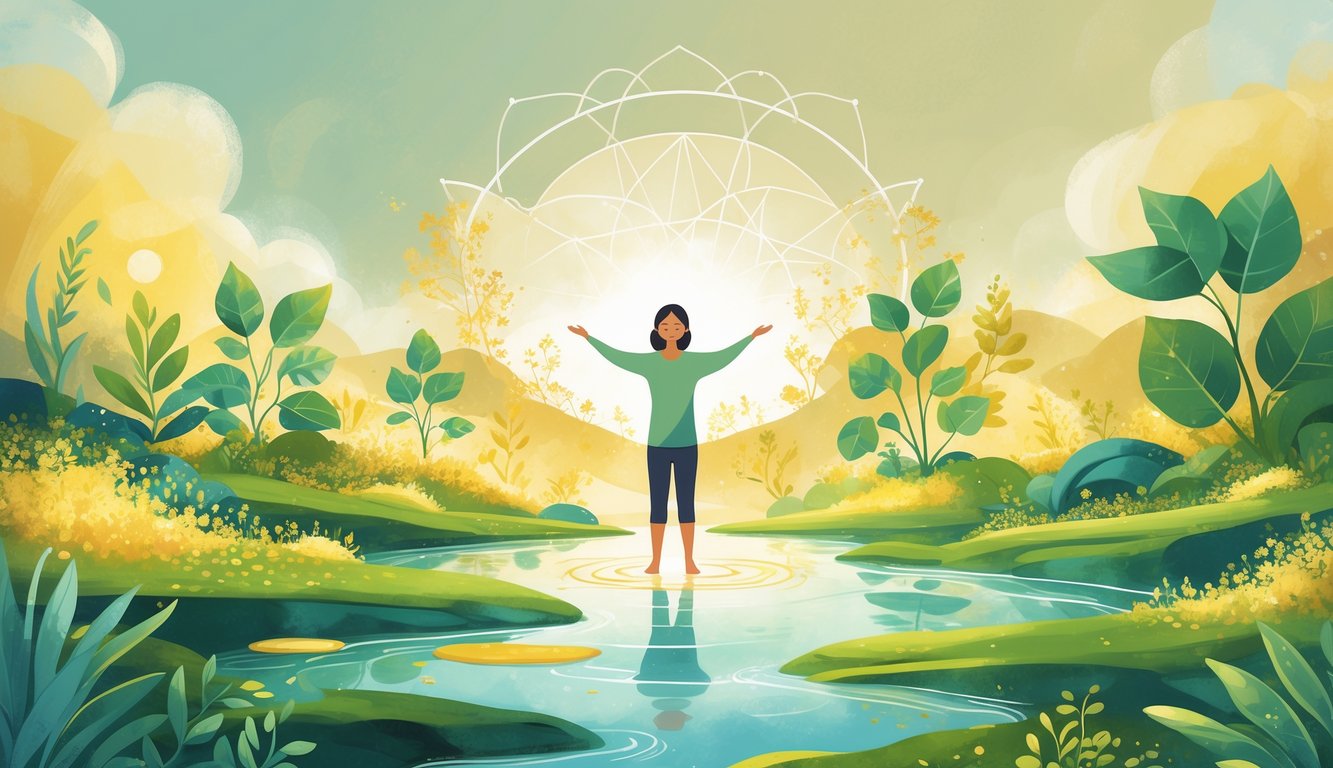 A person standing peacefully in a sunlit landscape surrounded by flourishing plants, flowing water, and harmonious patterns representing happiness, abundance, and balance.