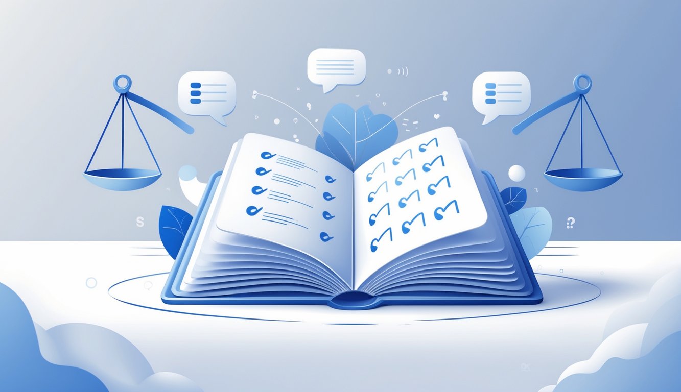 An open book or tablet with question marks and checkmarks, balanced scales beside it, and floating speech bubbles and lightbulbs around, symbolizing clear and balanced information.