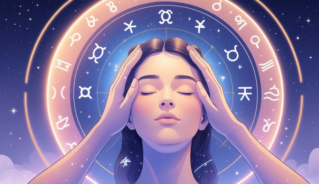 A person receiving a head massage with zodiac signs arranged in a glowing circle around their head, set against a starry cosmic background.