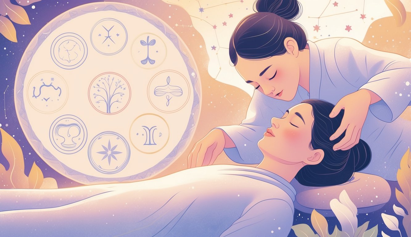 A person receiving a gentle head massage surrounded by zodiac symbols and cosmic elements, creating a peaceful and healing atmosphere.