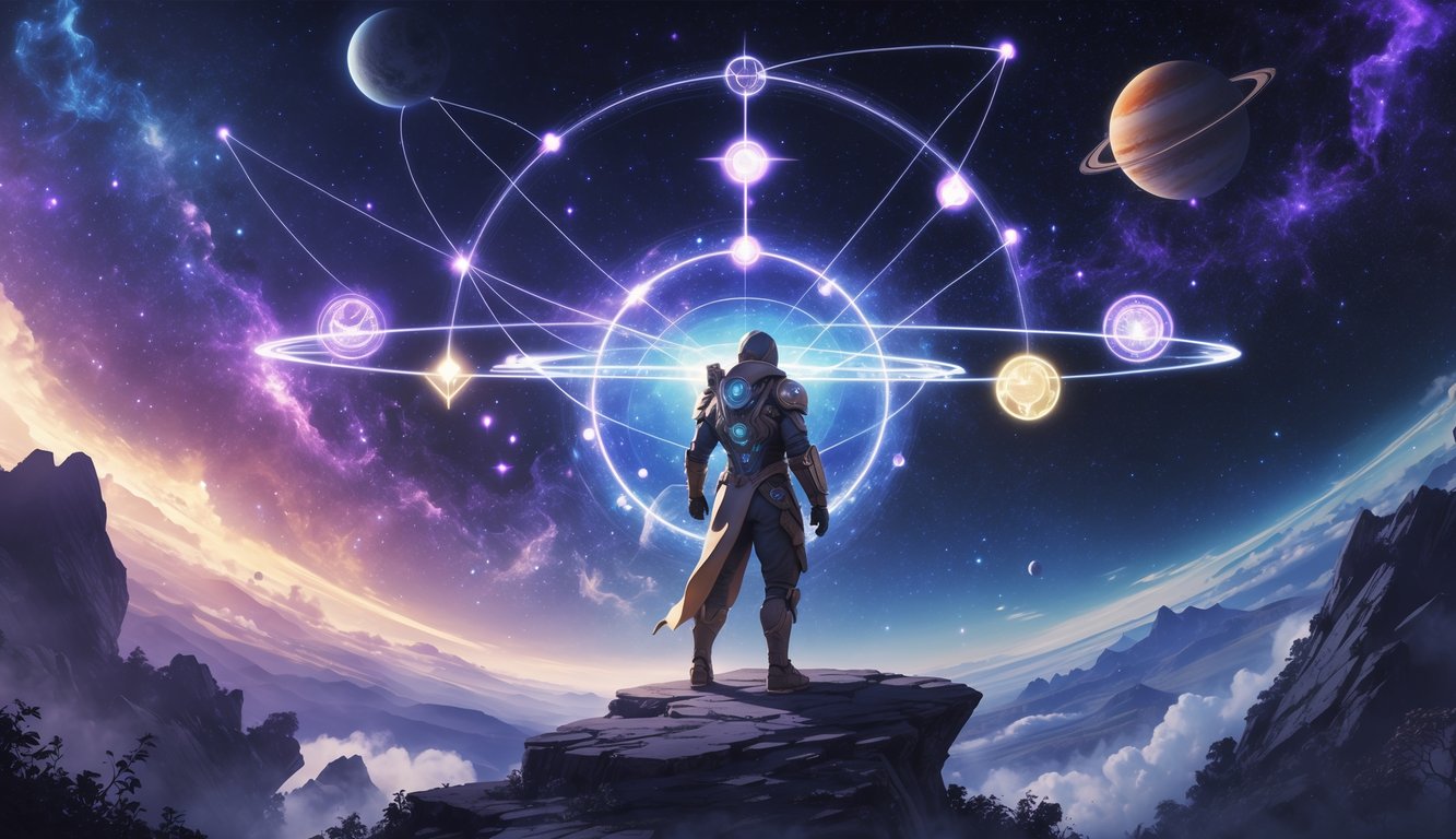 A Guardian in armor stands on a rocky ledge beneath a star-filled sky with glowing planets and astral symbols connected by shimmering energy lines.