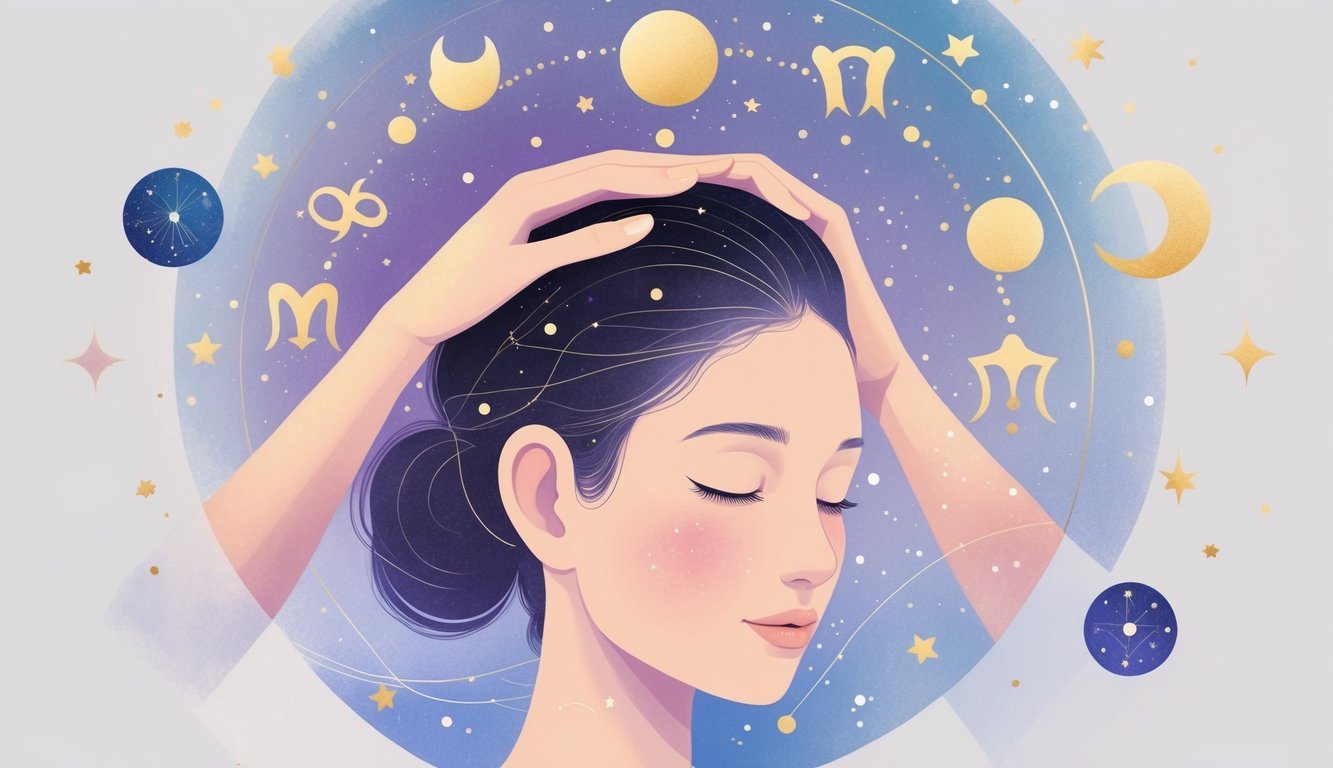 A person receiving a head massage with glowing astrological symbols and stars surrounding their head.