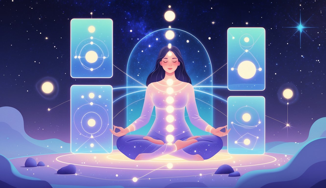 A person meditating cross-legged surrounded by glowing geometric shapes and celestial symbols under a starry night sky, with light rays aligning through their body and floating panels indicating steps.