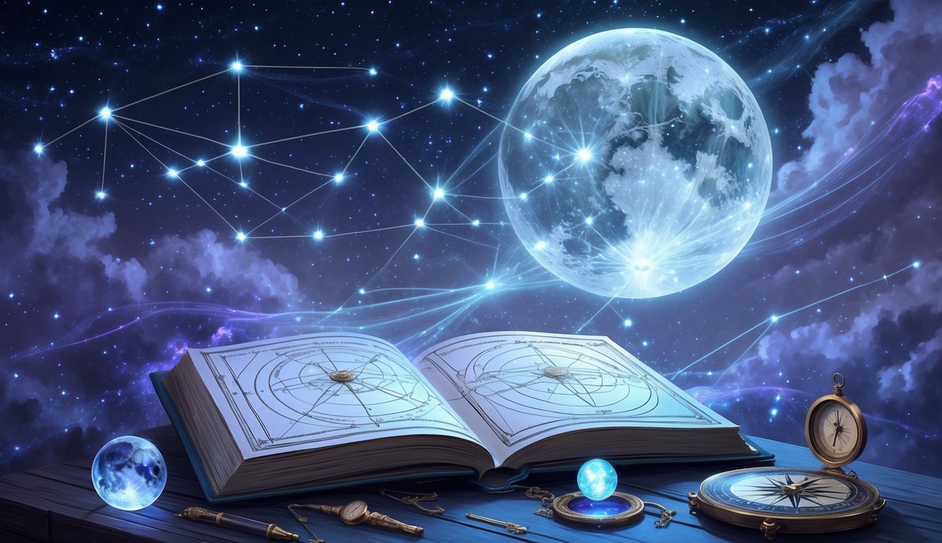 A night sky with glowing stars and constellations above an open ancient book with celestial diagrams, surrounded by mystical tools on a wooden table.