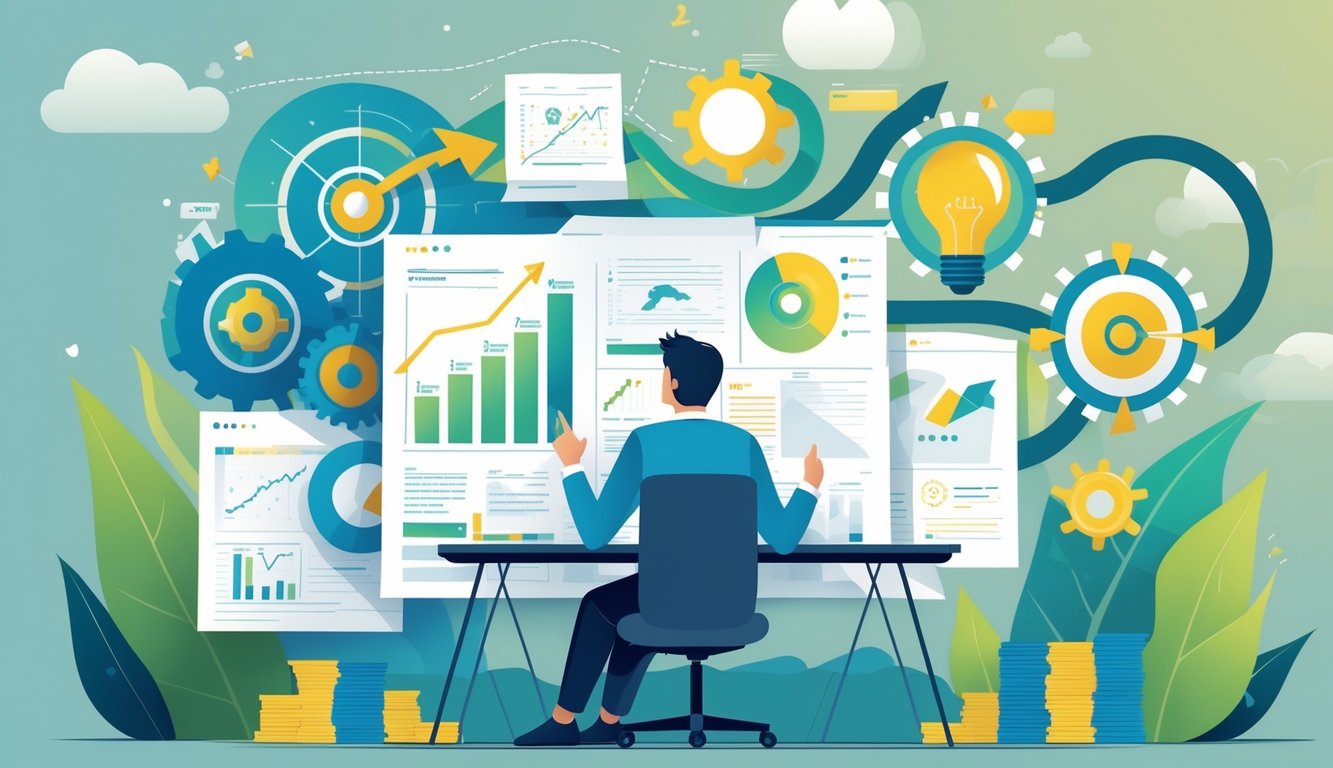 A person at a desk working on diagrams and charts with symbols of growth and achievement around them, including a target, light bulb, and gears.